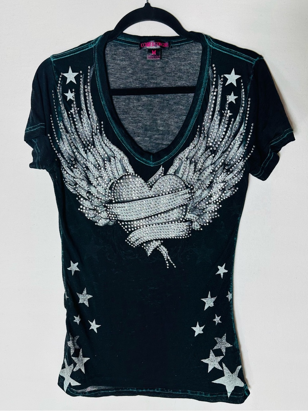 Vintage Y2K Rock & Roll Cowgirl Graphic Rhinestone Studded Winged Heart Tee M